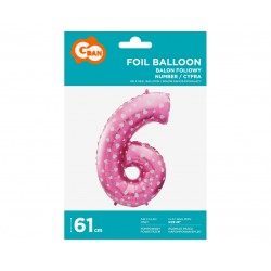 God Balon Folie Aluminiu Digit 6, 61cm, Pink With Hearts Hs-c26r6