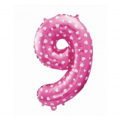 God Balon Folie Aluminiu Digit 9, 61cm, Pink With Hearts Hs-c26r9
